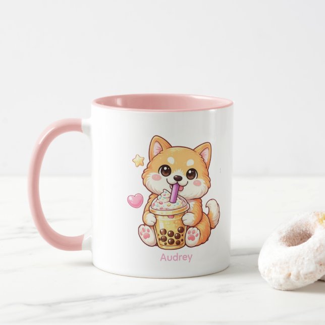 Taza Kawaii Shiba Inu Drinking Bubble Tea Unisex (Con donut)