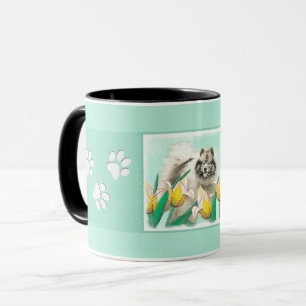 Taza Keeshond en tulipanes pintando arte original del p
