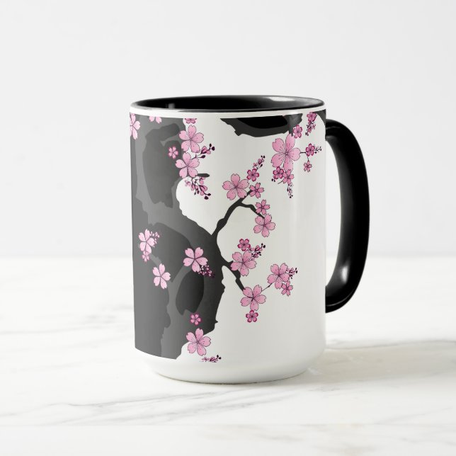 Taza Kimono japonés Sakura negro y rosa blanco (Anverso derecho)