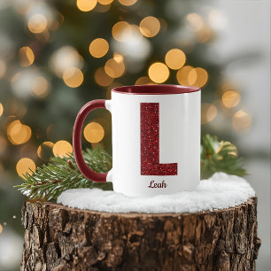 Taza L con monograma moderno brillante y nombre
