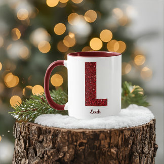 Taza L con monograma moderno brillante y nombre