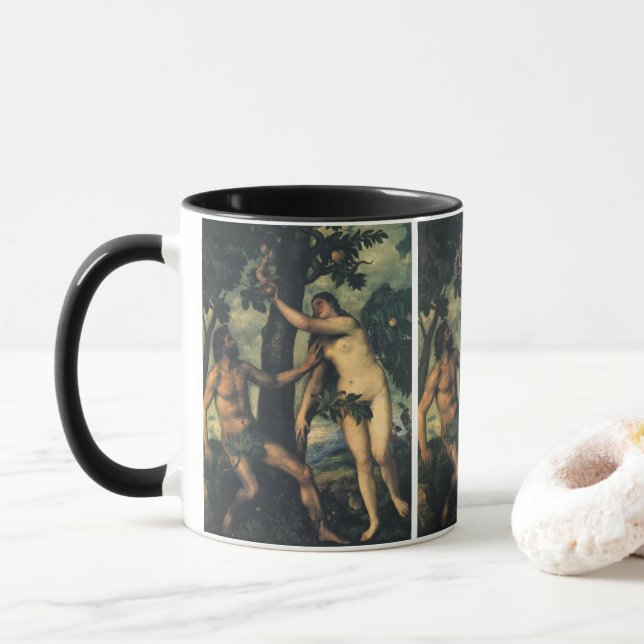 Taza La caída del hombre; Adán y Eva de Tiziano (Con donut)