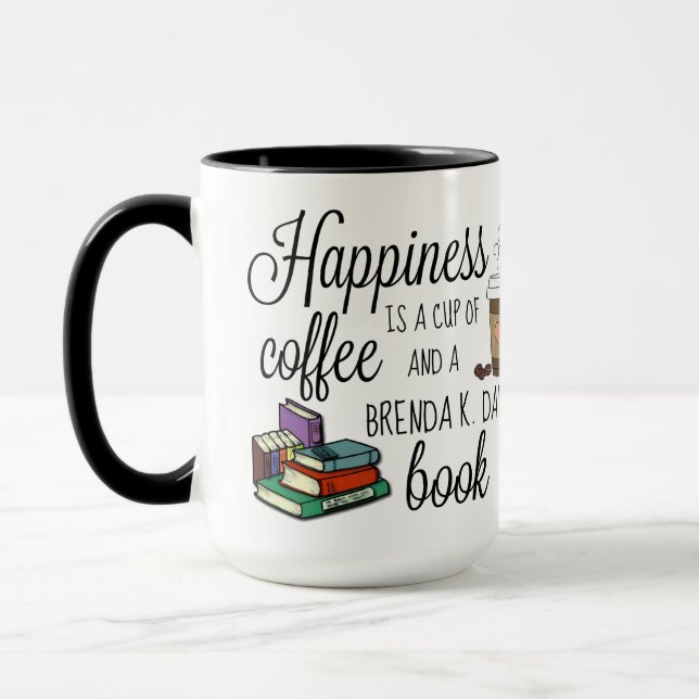 Taza La felicidad es un libro de Brenda K Davies (Izquierda)