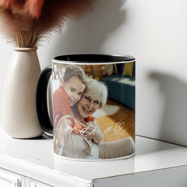 Taza La foto de la Abuela Script Heart Agradecido cada  (Grandma Script Heart Grateful Every Moment Photo Mug)