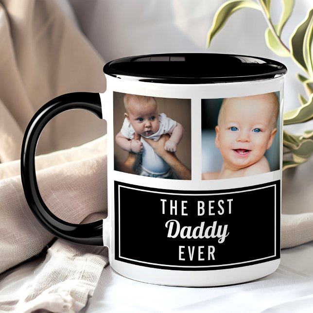 Taza La mejor foto de collage de papá en negro (Subido por el creador)