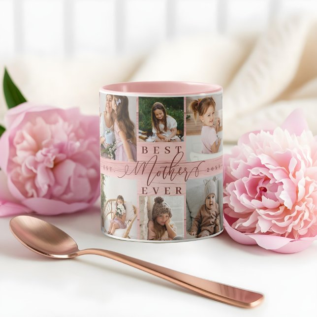 Taza La mejor madre Collage de fotos jamás grano de mad (Best Mother Ever Photo Collage Pink Woodgrain Mug)