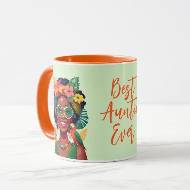 Taza La mejor tía mujer negra, flores tropicales y loro (Anverso izquierdo)