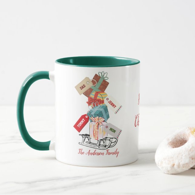 Taza La moderna Navidad de la Familia Blanca Roja Verde (Con donut)