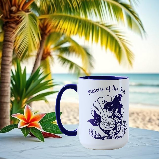 Taza La sirena-princesa hawaiana del mar (Hawaiian Mermaid Tropical Flowers Sea Shells Coral, Summer Beach, Fisherman Trend Mug)