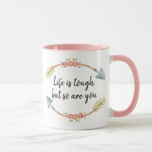 Taza La vida es dura Flecha floral acuarela rosa