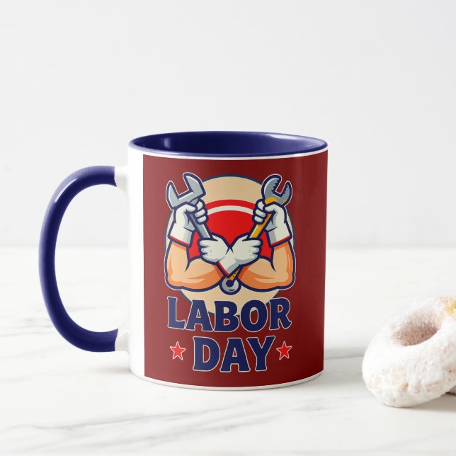 Taza Labor Day Strong Worker Hands Illustration (Con donut)
