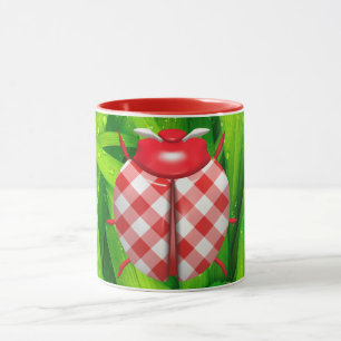 Taza Ladybug grass gingham check lindo rojo blanco verd