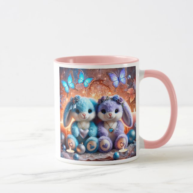 Taza Lapins en peluche bleus et violets avec cœurs. (Derecha)