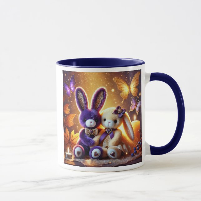 Taza Lapins en peluche élégants avec cœurs et papillons (Derecha)