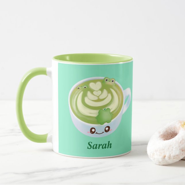 Taza Latte De Té Verde Matcha Caliente Con Ranas Cutas (Con donut)
