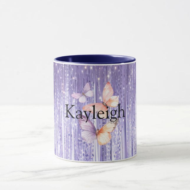 Taza Lavanda Púrpura Tinsel Tiras Peach Butterflies (Centro)
