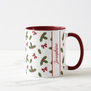 Taza Lazos Rojos y Plantas de Acebo de Navidad Patrón y