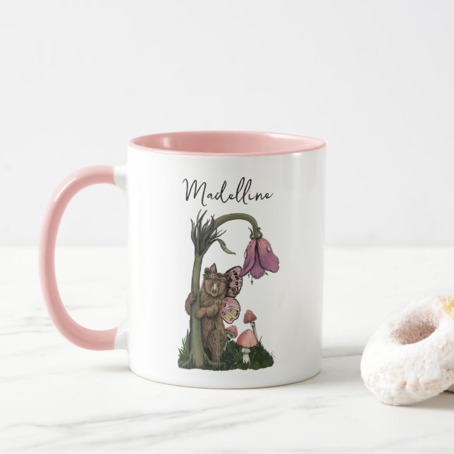 Taza Leche de oso gris rosado en bosque encantado (Con donut)