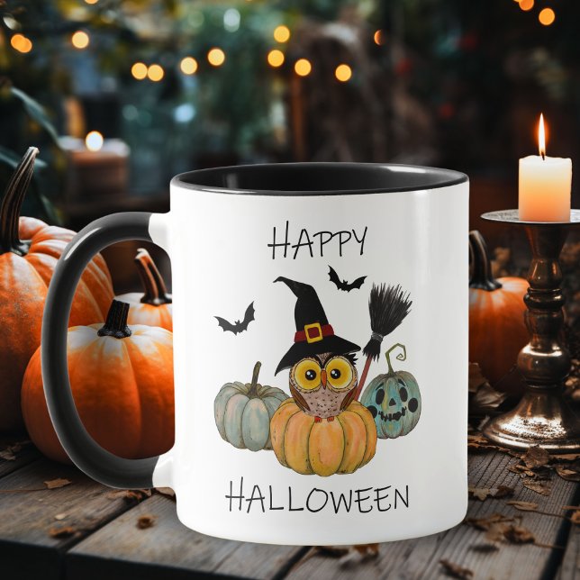 Taza Lechuza Bruja con calabazas Feliz Halloween (Cute Witch Owl with Pumpkins Happy Halloween Mug)