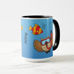 Taza Lechuza con máscara de buceo y pescado tropical   