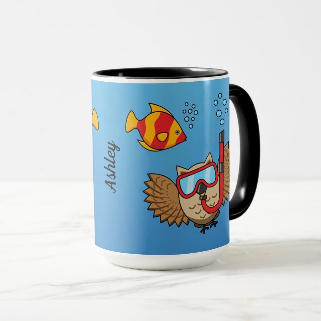 Taza Lechuza con máscara de buceo y pescado tropical |  (Anverso derecho)
