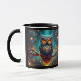 Taza Lechuza psicodélica en un bosque cósmico