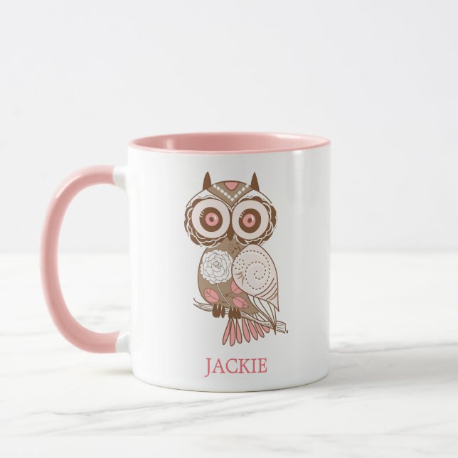 Taza Lechuza Whimsical Rosa Cuta Personalizada (Izquierda)