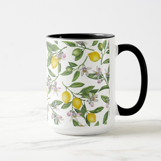 Taza Lemon branches with blossoms and fruit on white (Derecha)