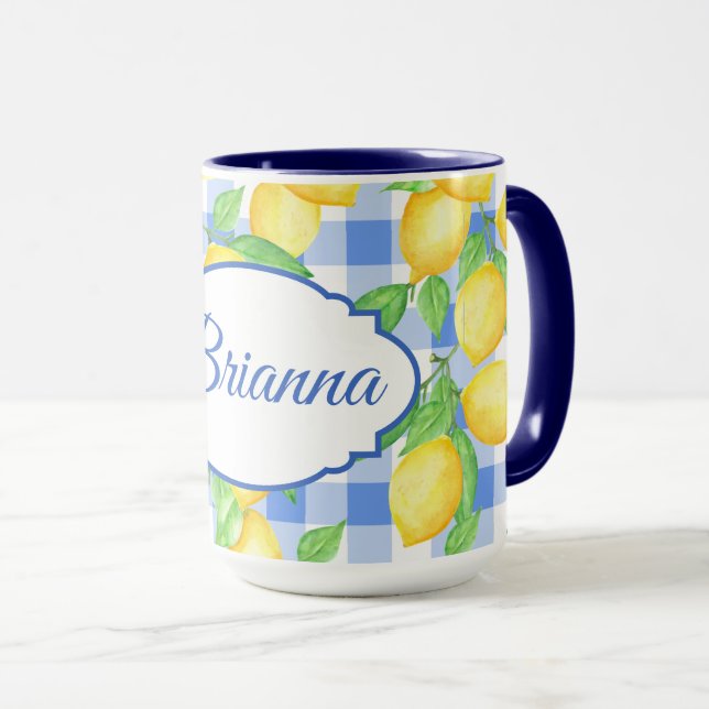Taza Lemones brillantes sobre el Mug de Gingham azul y  (Anverso derecho)