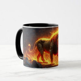 Taza León de llamas quemando volcán fuego arte de fanta