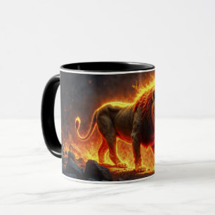 Taza León de llamas quemando volcán fuego arte de fanta