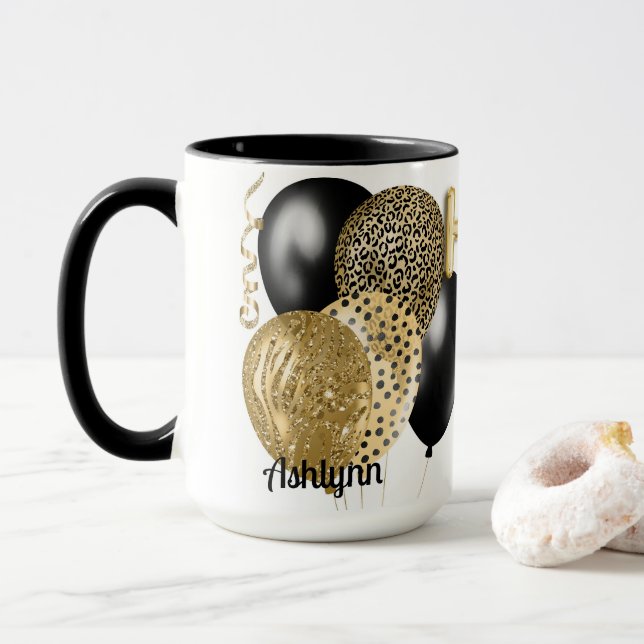 Taza Leopard Gold Balloons Happy 16th Birthday (Con donut)