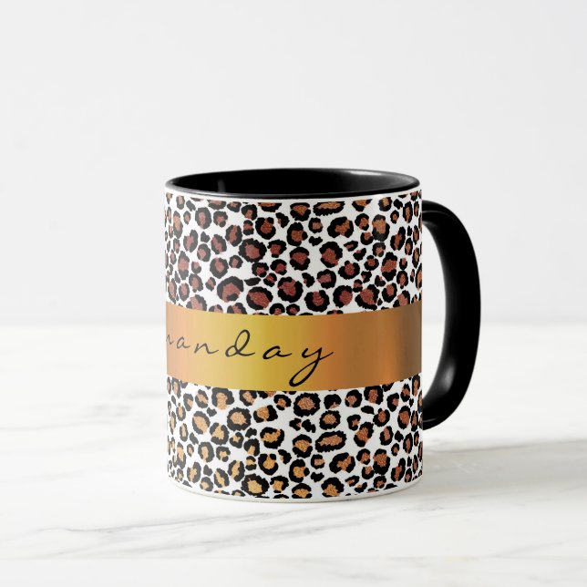 Taza Leopardo Animal Black White Gold Stripe Nombre Cof (Anverso derecho)