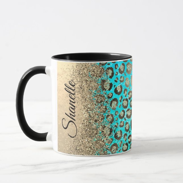 Taza Leopardo turquesa Purpurinoso y personalizado (Izquierda)