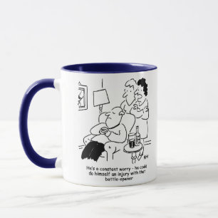 Taza Lesiones con un abrebotellas. Chiste gracioso en u