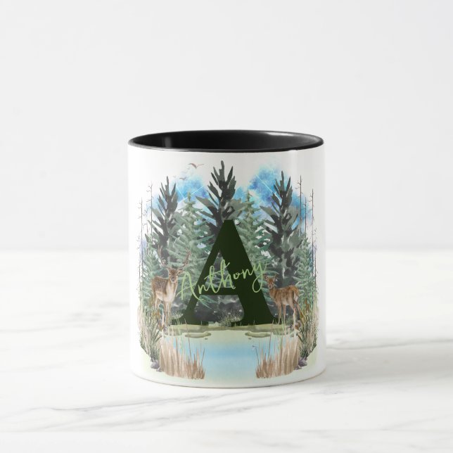 Taza Letra A monograma personalizado del ciervo acuarel (Centro)