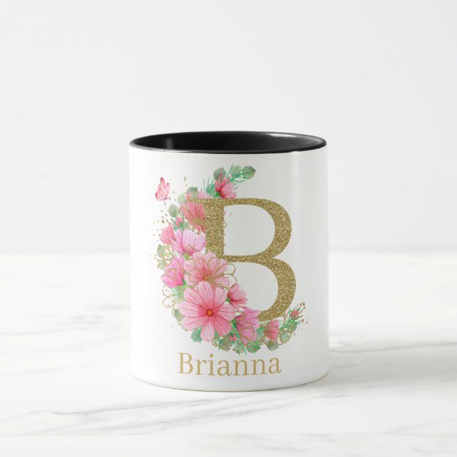 Taza Letra acuarela oro y monograma floral B (Centro)