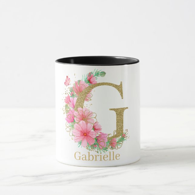 Taza Letra acuarela oro y monograma floral G (Centro)