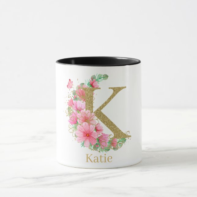 Taza Letra acuarela oro y monograma floral K (Centro)