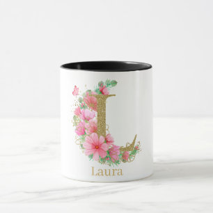 Taza Letra acuarela oro y monograma floral L