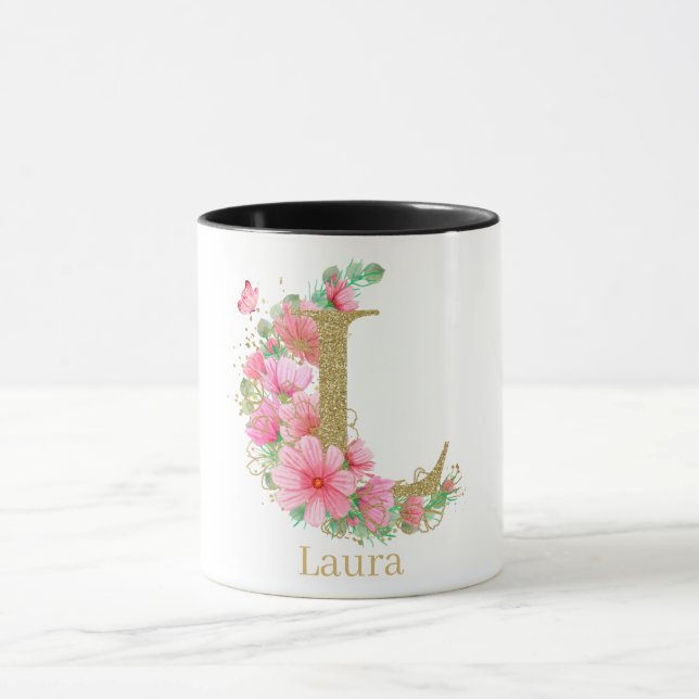 Taza Letra acuarela oro y monograma floral L (Centro)