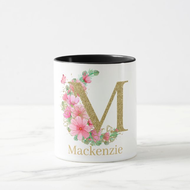 Taza Letra acuarela oro y monograma floral M (Centro)