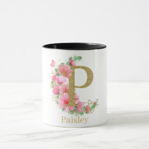 Taza Letra acuarela oro y monograma floral P