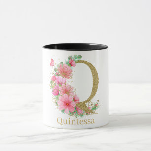 Taza Letra acuarela oro y monograma floral Q