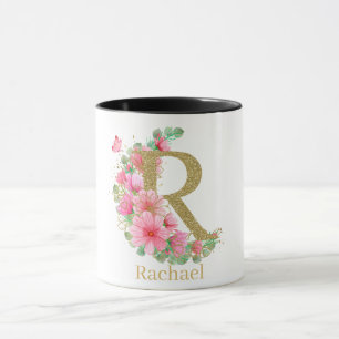 Taza Letra acuarela oro y monograma floral R