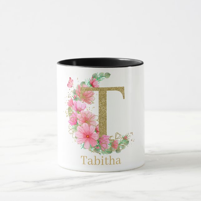 Taza Letra acuarela oro y monograma floral T (Centro)