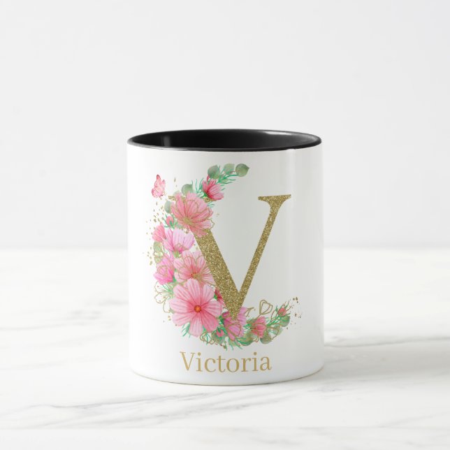 Taza Letra acuarela oro y monograma floral V (Centro)