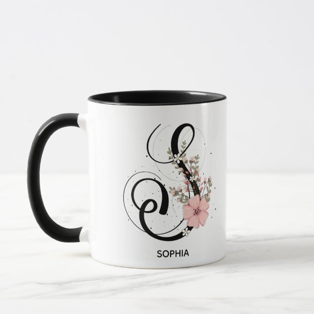 Taza Letra alfabética S flor de monograma floral (Izquierda)