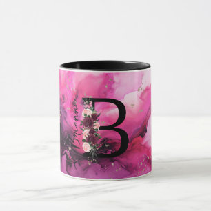 Taza Letra B de Monograma de Mármol Rosa y Púrpura