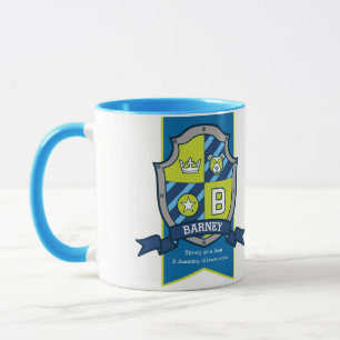 Taza Letra barney B nombre verde azul escudo que signif